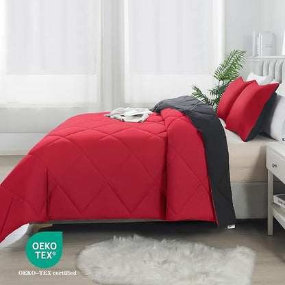 3-Piece King Comforter Set,All-Season,Soft & Hypoallergenic &Breathable Bedding,Polyester Quilted,Down Alternative(Comforter*1 & Pillowcases*2),Black/Bright Red