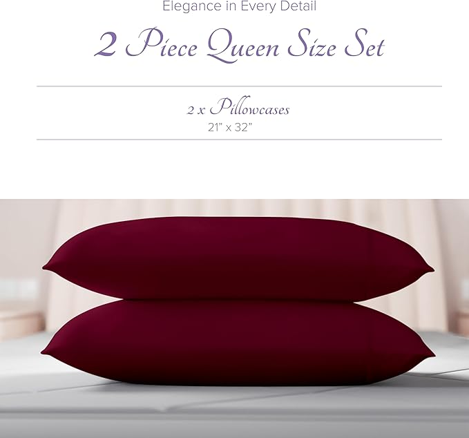 Carressa Linen 100% Egyptian Cotton Pillow Cases Standard Size Set of 2 - Luxury 600 Thread Count Queen/Standard Pillowcases (Classic Burgundy), Soft, Cooling Extra Long Staple Hotel Pillow Covers
