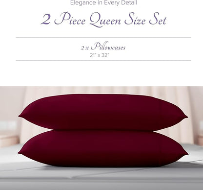 Carressa Linen 100% Egyptian Cotton Pillow Cases Standard Size Set of 2 - Luxury 600 Thread Count Queen/Standard Pillowcases (Classic Burgundy), Soft, Cooling Extra Long Staple Hotel Pillow Covers