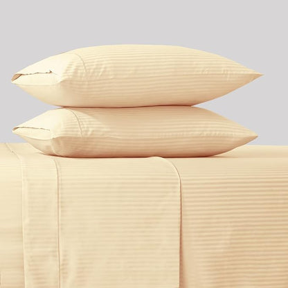 Feather & Stitch 500 TC King Size Damask Bed Sheet Set, 100% Cotton Soft Breathable Bedsheets, 4 Piece 18" Deep Pockets Sateen Weave Striped Bedding Mattress Resort Hotel Luxury- (Semolina Stripe)