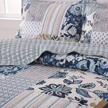 Yvooxny King Quilt Set Reversible Quilted Bedspread 3-Piece Lightweight Floral Real Patchwork Coverlet Bedding Set with Pillowcases for All Seasons, 108 * 96 Inches