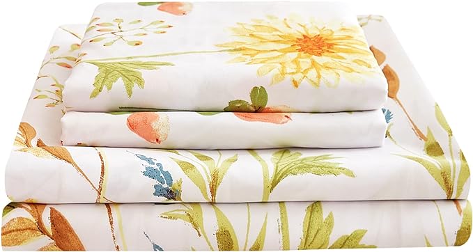 JSD Yellow Floral Printed Sheet Set King Size, 4 Piece Soft Botanical Microfiber Bedding Sheets Extra Deep Pocket