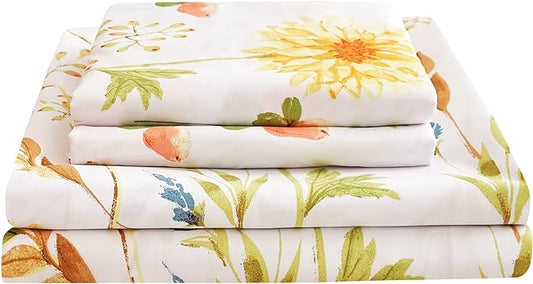 JSD Yellow Floral Printed Sheet Set King Size, 4 Piece Soft Botanical Microfiber Bedding Sheets Extra Deep Pocket