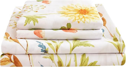 JSD Yellow Floral Printed Sheet Set Cal King, 4 Piece Soft Botanical Microfiber Bedding Sheets Extra Deep Pocket