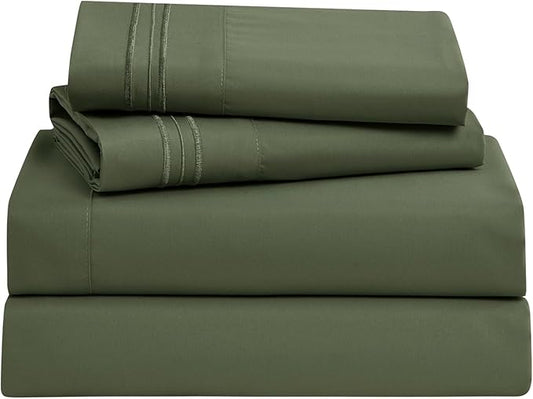Clara Clark Bed Sheets, Premier 1800 Series Bed Sheet Set, Deep Pocket, Wrinkle, Fade, Stain Resistant, Luxury Soft Bedding Sheets & Pillowcases, California King, Olive Green