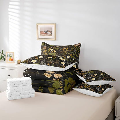 Wild Flowers Leaves Twin Comforter Set with Sheets Bed in a Bag 7 Pcs,Spring Botanical PlantsBed Set,Retro Country Decor Bedding Sets with Comforter,Flat,Fitted Sheet,Pillowcases,Pillow Covers