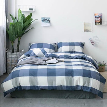 LifeTB Blue White Plaid Duvet Cover Queen Modern Soft 100% Cotton Comforter Cover Simple Style Plaid Grid Duvet Cover with 2 Pillowcases Blue White Grey Checked Bedding Set Full Queen