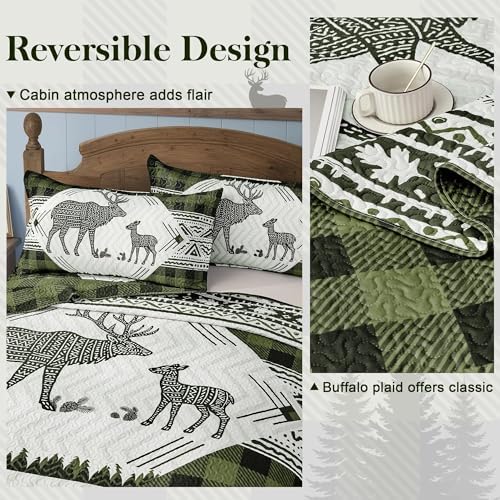 3 Piece Cabin King Size Quilt Sets Farmhouse Rustic Reversible Microfiber Soft Lightweight Bedspread Comforter with 2 Shams Patchwork Country Lodge Bedding Quilts Set for All Season, 106''x96'', Green