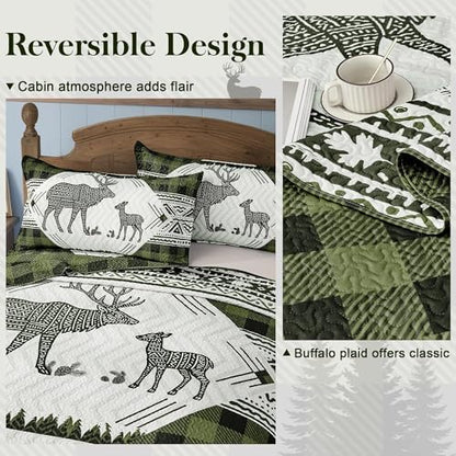 3 Piece Cabin King Size Quilt Sets Farmhouse Rustic Reversible Microfiber Soft Lightweight Bedspread Comforter with 2 Shams Patchwork Country Lodge Bedding Quilts Set for All Season, 106''x96'', Green
