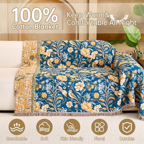 VANJOROY Boho Throw Blanket, 100% Organic Cotton Breathable Ultra Soft 91" x 108" King Bed Quilt Throw - All Season Floral Rustic Farmhouse Decor Luxury Blanket for Sofa Couch Chair and Gift