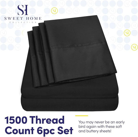Full Size Bed Sheets - 6 Piece 1500 Supreme Collection Fine Brushed Microfiber Deep Pocket Full Sheet Set Bedding - 2 Extra Pillow Cases, Great Value, Full, Black