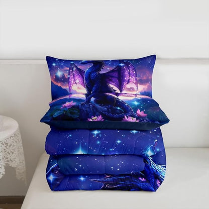 Feelyou Dragon Kids Comforter Set Toddler Size Dragon Stuff Bedding Set Wild Life Duvet Quilt for Kids Boys Girls Bedroom Magic Wildlife Decor Purplish Microfiber Ultra Soft Breathable