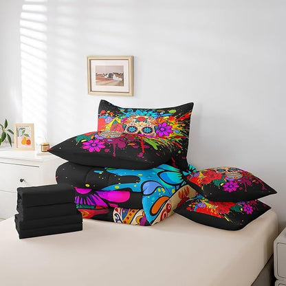 Erosebridal Goth Sugar Skull Bed in a Bag King Size Comforter Set 7 Pieces,Rainbow Tie Dye Bedding Sets Bohemian Flowers Sheet Set with Comforter