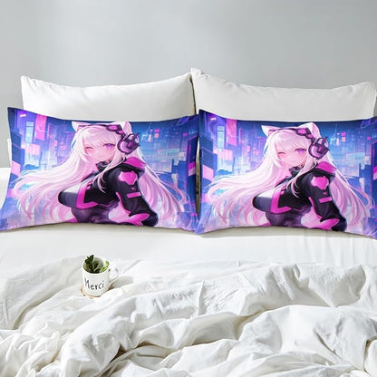 Erosebridal Full Anime Girl Bed Sheets 3 Piece, Kawaii Japanese Anime Bedding Set Cartoon Girl Fitted Sheet Sci Fi Style Japanese Animation Sheets for Kids Girls Teens Adult Room