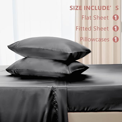 CozyLux Satin Sheets Twin Sheet Set - 3 Piece Silky Twin Bed Sheets, Luxury Dark Grey Sheet Twin Size Bed Set with Smooth and Soft Microfiber, Includes 1 Fitted Sheet, 1 Flat Sheet and 1 Pillowcase