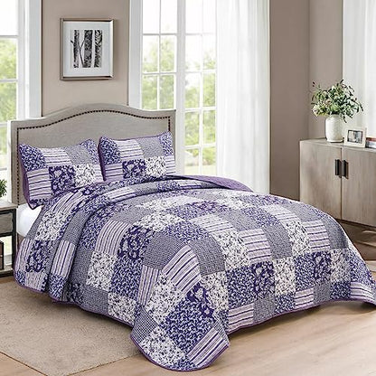 Mybedsoul Purple Quilt California King, Patchwork Floral Bedding Set