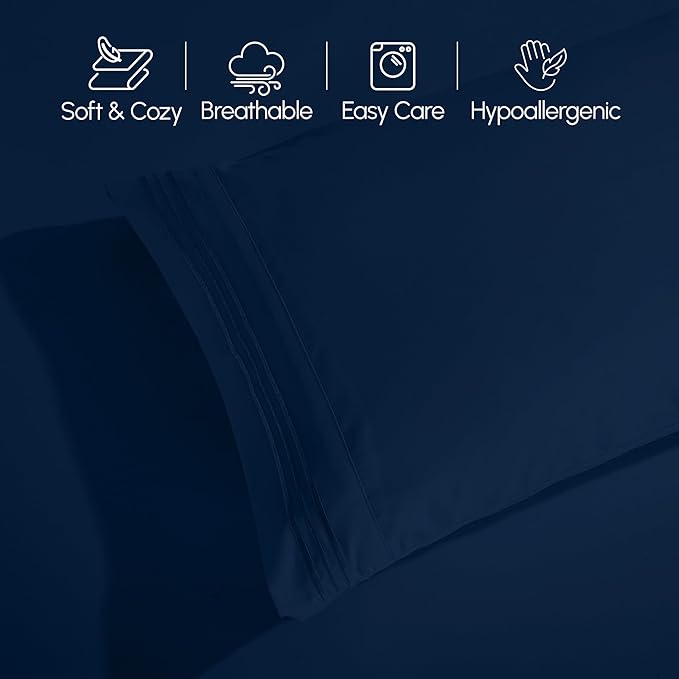 Elegant Comfort Luxurious 1500 Premium Hotel Quality Microfiber Three Line Embroidered Softest 4-Piece Bed Sheet Set, Wrinkle and Fade Resistant, Queen, Navy Blue