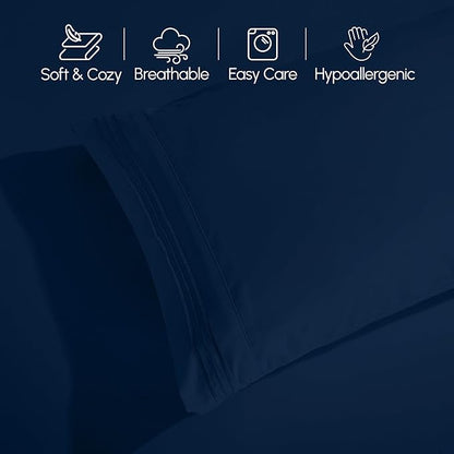 Elegant Comfort Luxurious 1500 Premium Hotel Quality Microfiber Three Line Embroidered Softest 4-Piece Bed Sheet Set, Wrinkle and Fade Resistant, Queen, Navy Blue