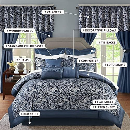 Madison Park Essentials Brystol 24 Piece Room in a Bag Faux Silk Comforter Jacquard Paisley Design Matching Curtains Down Alternative All Season Bedding-Set, King(104 in x 92 in), Navy 24 Piece