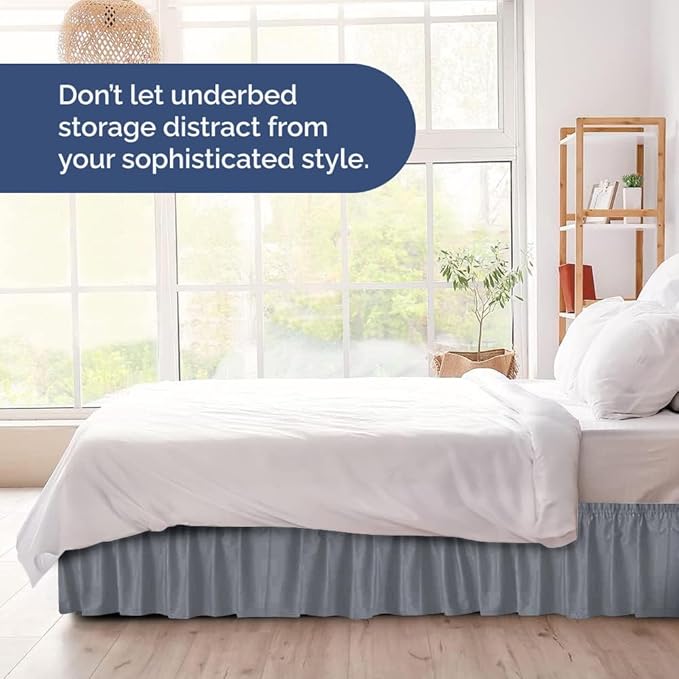 Wrap Around Dust Ruffle Bed Skirt - Steel Blue - for Queen Size Beds w/ 15 Inch Drop - Easy Fit Elastic Strap - Adjustable Pleated Bedskirt w/Brushed Fabric - Wrinkle Free, Women, Men, Kids & Teens