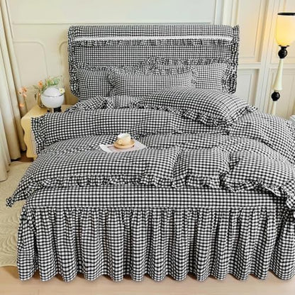 LifeTB Queen Comforter Set Black Gingham Comforter Vintage Ruffle Checkered Pattern Comforter Set Boho Grid Plaid Bedding Comforter Fluffy Soft Chic Gingham Bedding Set Queen Size for All Season