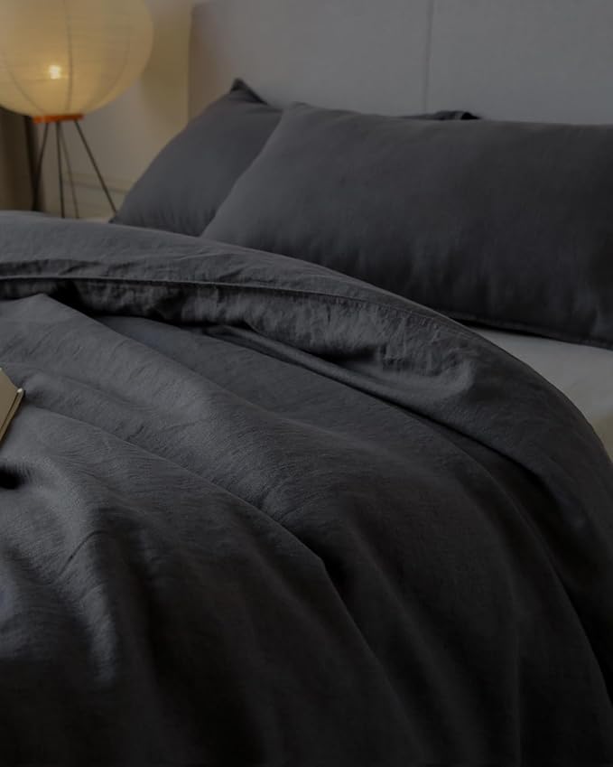 XZ XIFA 100% Linen Bedding Set: Cooling & Breathable King Size Duvet Cover in Dark Grey. Made from Natural Washed French Flax for a Soft, Textured Feel. Complete with 1 Cover and 2 Pillowcases