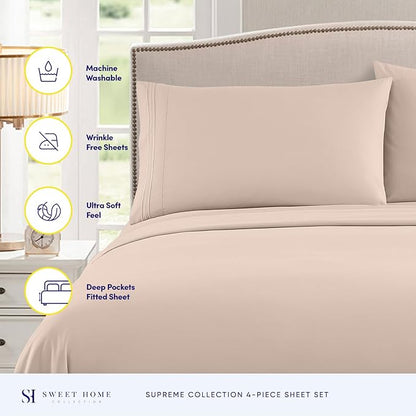 King Size Sheets - Breathable Luxury Bed Sheets with Full Elastic & Secure Corner Straps Built In - 1800 Supreme Collection Extra Soft Deep Pocket Bedding Set, Sheet Set, King, Beige