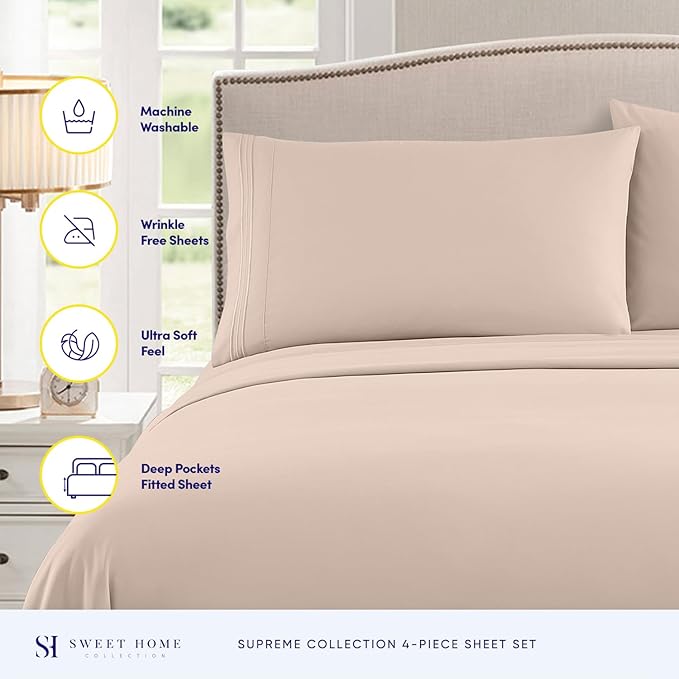 California King Sheet Sets - Breathable Luxury Sheets with Full Elastic & Secure Corner Straps Built In - 1800 Supreme Collection Deep Pocket Bedding, Sheet Set, EXTRA DEEP pocket - Cal King, Beige