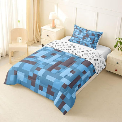 Pixel Grid Miners Kids Comforter Set Twin Size,Reversible Gamepad Video Games Bedding Set Boys Room Decor,Army Camo Geometric Quilt Comforter,Black Light Blue Duvet Set Bedroom Quilt Set,1 Pillowcase