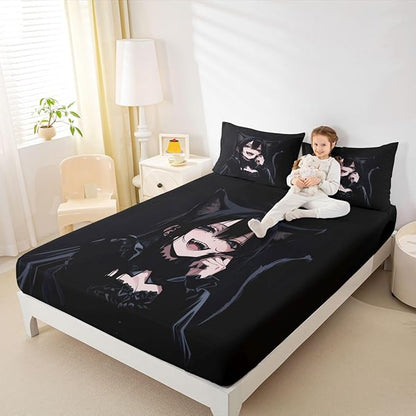 Erosebridal Anime Girl Full Bed Sheets for Kids Boys Girls 3D Japanese Fitted Sheet,Gothic Style Cat Girls Bedding Sets Cool Anime Gift Sheets with 2 Pillowcases