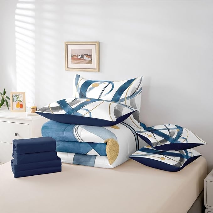 Erosebridal Blue Abstract 7 Piece Comforter Set Twin Modern Gold Grey Line Bedding Set Minimalist Simple Cool Unique Geometric Comforter for Man Teens Fashion Aesthetic Sheet Set Room Decor