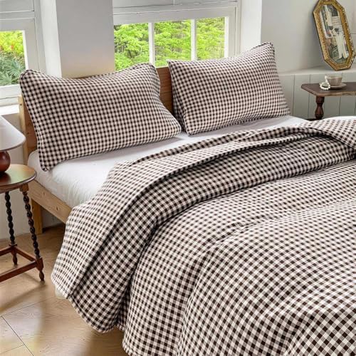 NSNLGSGC Mocha Gingham Queen Summer Bedspread Quilt Set