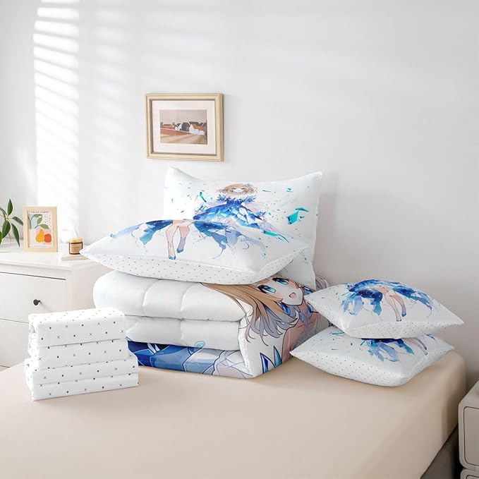 Erosebridal Anime Girl Queen Comforter Set 7 Piece Japanese Girl Bedding Set,3D Anime Cartoon Bed in A Bag for Kids,Japanese Style Sheet Set with Comforter(Blue)
