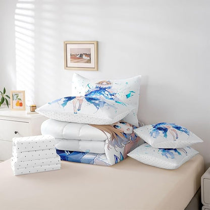 Erosebridal Anime Girl Full Comforter Set 7 Piece Japanese Girl Bedding Set,3D Anime Cartoon Bed in A Bag for Kids,Japanese Style Sheet Set with Comforter(Blue)