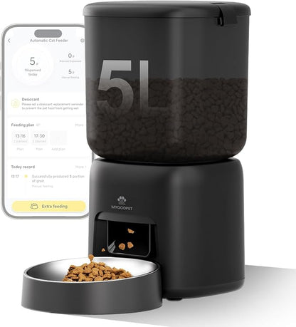 Automatic Cat Feeder, 5G WiFi Auto Cat Food Dispenser with Desiccant Bag, 5L Timed Pet Feeder with Free APP Service, Adjustable Portions Down to 1/12 Cup, Up to 10 Meals Per Day, Dual Power Supply