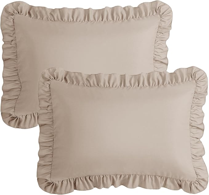KKJIAF Ruffle Pillow Cases Queen Size Set of 2, Khaki Ruffled Pillow Covers with Envelope Closure, Wrinkle Resistant Pillowcases 20" x 30", Ruffled Pillow Shams