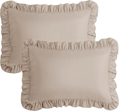 KKJIAF Ruffle Pillow Cases Queen Size Set of 2, Khaki Ruffled Pillow Covers with Envelope Closure, Wrinkle Resistant Pillowcases 20" x 30", Ruffled Pillow Shams