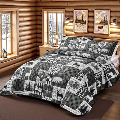 3 Piece Cabin Full/Queen Quilt Sets Farmhouse Rustic Reversible Microfiber Soft Lightweight Bedspread Comforter with 2 Shams Patchwork Country Lodge Bedding Quilts Set for All Season, 90''x96'' , Grey