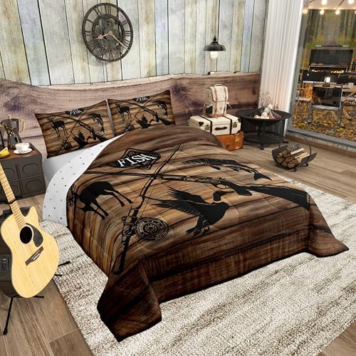 Retro Hunt Fish Comforter Set Twin Size,Retro Farm Wooden Board Quilt Set for Kids Boys Bedroom Collection,Deer Bird Fish Animal Hunting Polyester Bedding with 1 Pillowcase,2Pcs