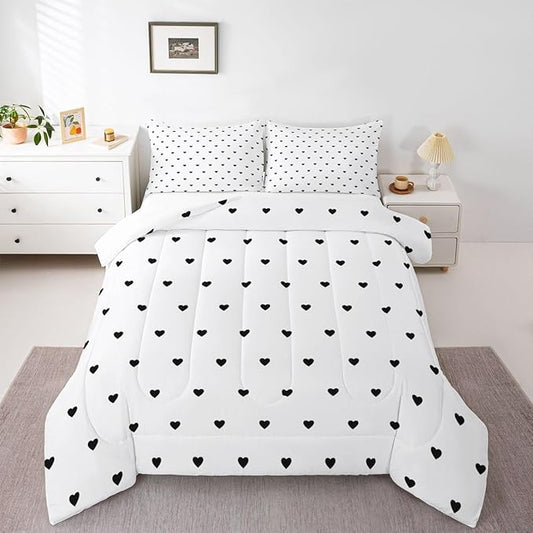 Erosebridal White Black Comforter Set Cute Heart Pattern Bedding Set Girly Cartoon Love Geometric Down Comforter Queen Size Cute Quilt Set for Kids Girls Boys Teens Bedroom Decor Soft Duvet Set