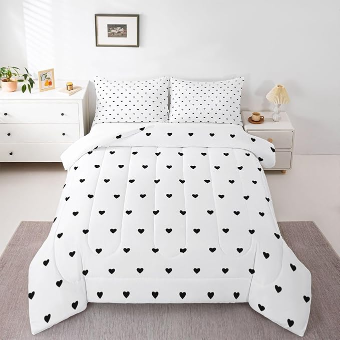 Erosebridal White Black Comforter Set Cute Heart Pattern Bedding Set Girly Cartoon Love Geometric Down Comforter Twin Size Cute Quilt Set for Kids Girls Boys Teens Bedroom Decor Soft Duvet Set