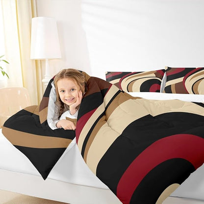 Black Red Brown Comforter Set Full Size Vintage Abstract Stripes Bedding Set for Kids Girls Women Adult Bedroom Decor Geometric Circle Waves Quilt Set Soft Polyester Duvet Insert 3pcs