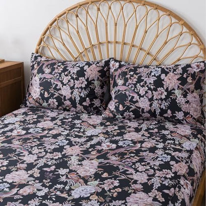 FADFAY Long-Staple Cotton Full Sheet Set, 4-Piece Vintage Black Floral Bird Print Bedding, Deep Pocket Fitted Sheet, Soft & Breathable for All Seasons
