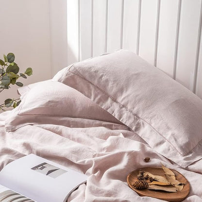 Simple&Opulence 100% Washed Linen Duvet Cover with Embroidered, 3 Pieces Soft Farmhouse Comforter Set with Button Closure,1 Duvet Cover and 2 Pillowshams(Full,Dusty Pink)