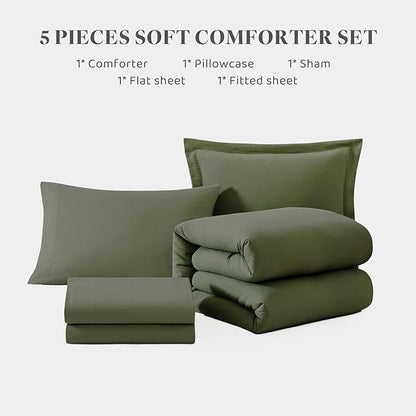 WRENSONGE Twin XL Comforter Set, 5-Piece Olive Green Bedding Collection with Sheets and Pillowcases