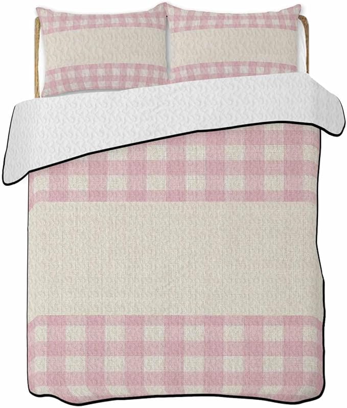 Twin XL Quilt Bedding Set, Retro Pink Lightweight Summer Quilt 3 Pieces Bedding Sets, Farmhouse Buffalo Plaid Vintage Beige Reversible Soft Bedspreads Coverlets with 2 Pillow Shams for All Season