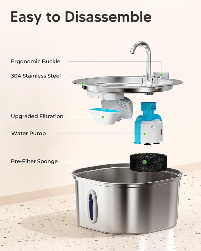 PEKTACO Stainless Steel Cat Water Fountain with 6 Filters, 3.2L/108oz | Cat drinking fountain, dishwasher safe, with triple filtration, quiet pump, and visible water window for cats and small pets