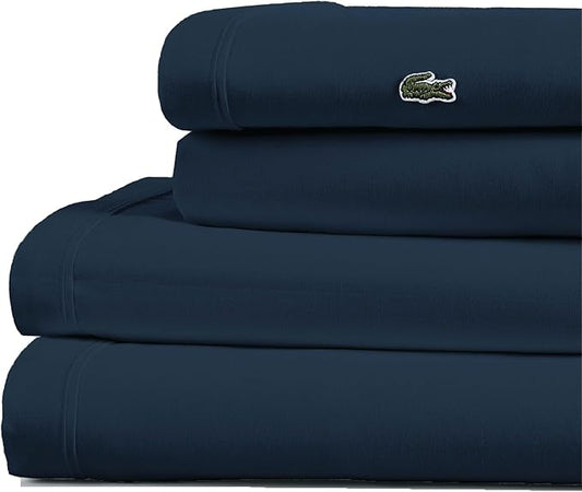 Lacoste 100% Cotton Percale 4-Piece Sheet Set – Cool, Crisp, Matte, and Durable, Oeko-Tex Certified – Solid, Navy, King