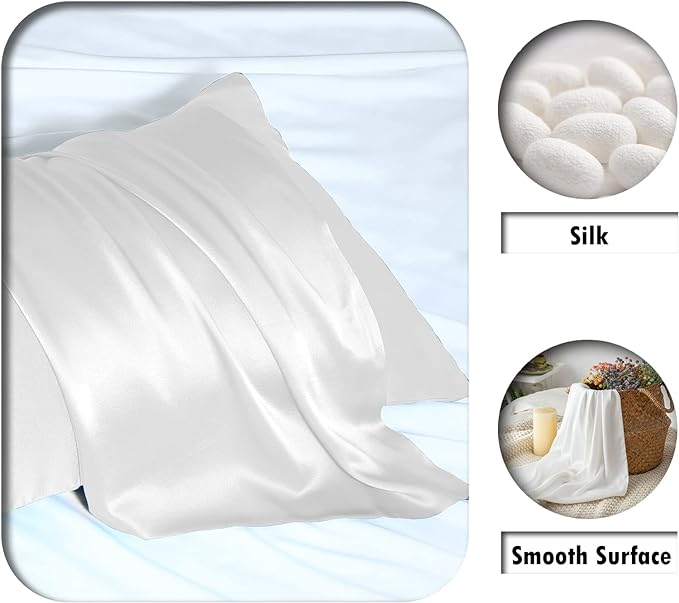 Silk Pillow Cases 2 Pack Soft Breathable and Sliky King Size Pillow Cases Set of 2,Natural Mulberry Silk Pillowcase Set of 2 for Hair and Skin with Hidden Zipper (White,20"X 36",2pcs)