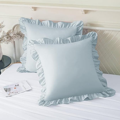 KKJIAF Ruffle Pillow Cases 18x18 Inches, Dusty Blue Square Ruffled Pillow Covers Set of 2, Microfiber Wrinkle Resistant Pillow Shams with Envelope Closure for Sofa Bed Living Room